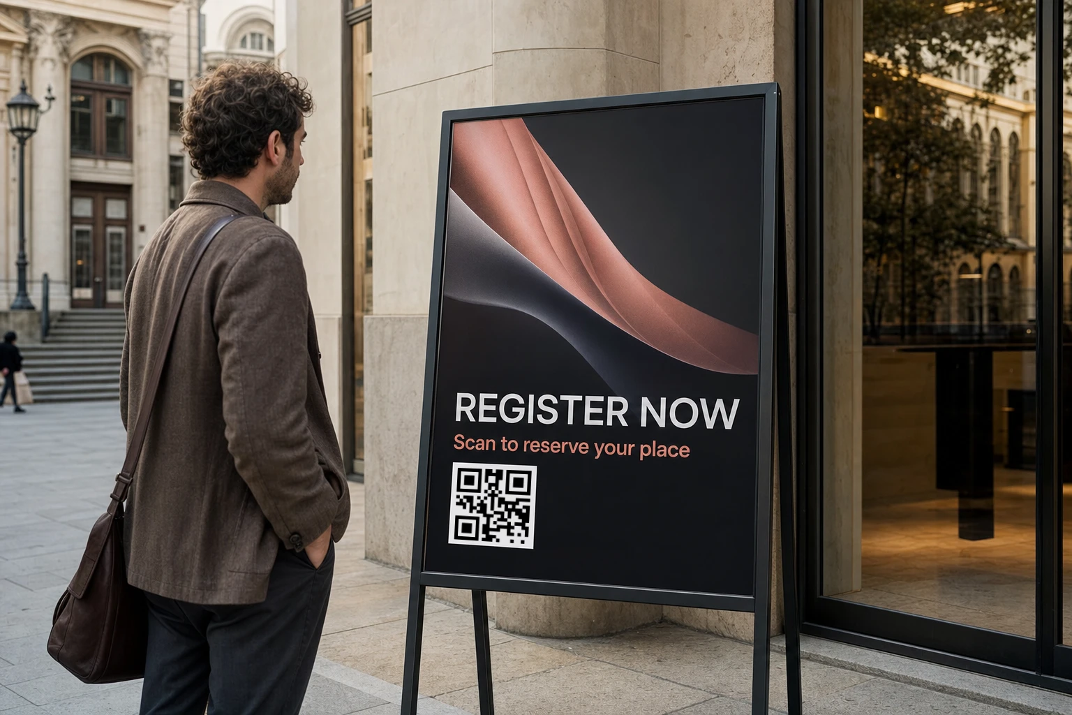 Event registration poster with a QR code outside a venue