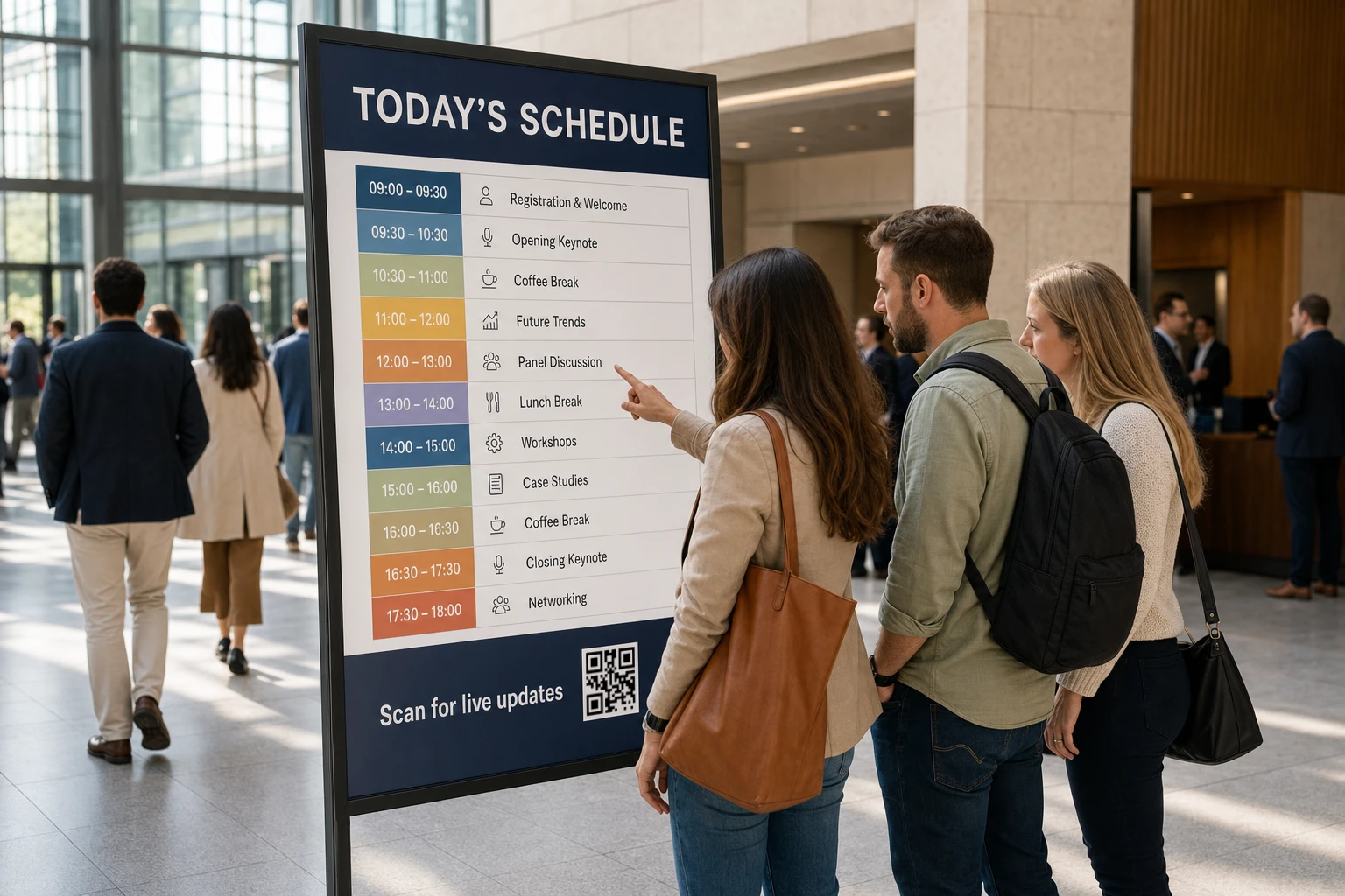Attendees consulting an event schedule with a QR code for live updates