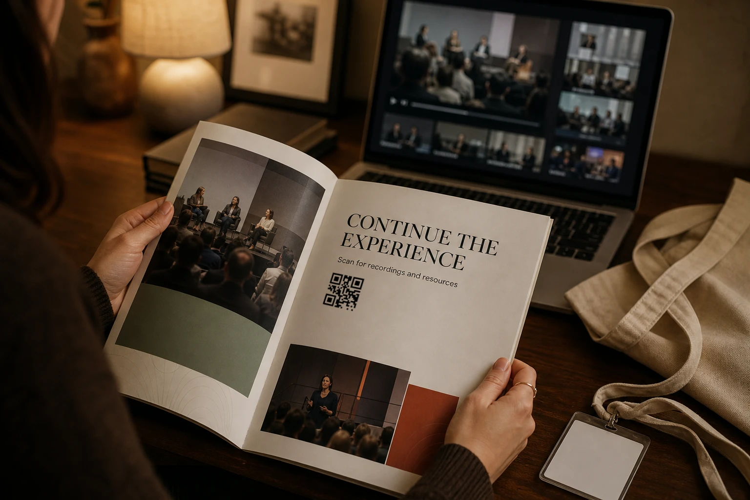Attendee viewing event recordings using a QR code in a printed program