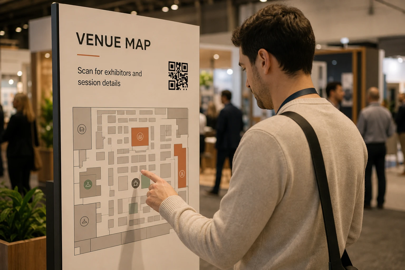 Attendee using a venue map with a QR code at an exhibition