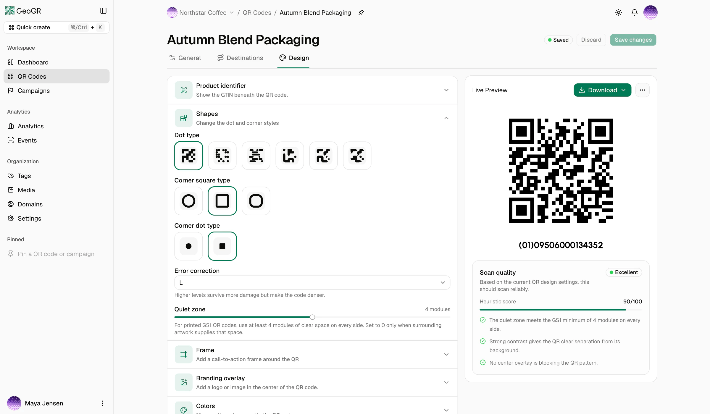 GeoQR GS1 Digital Link design controls with a product identifier