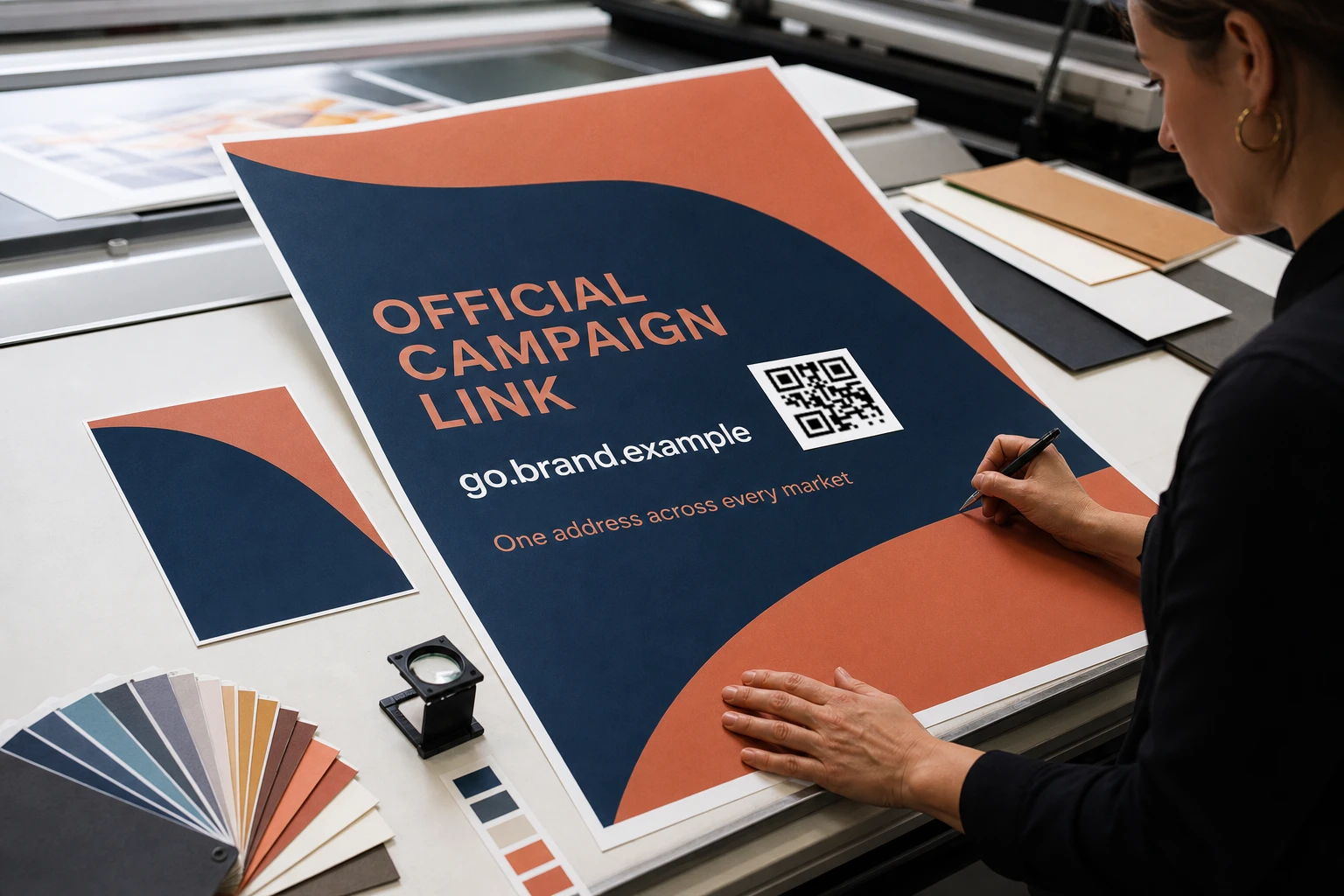 Print specialist reviewing campaign artwork with a consistent resolver domain and QR code