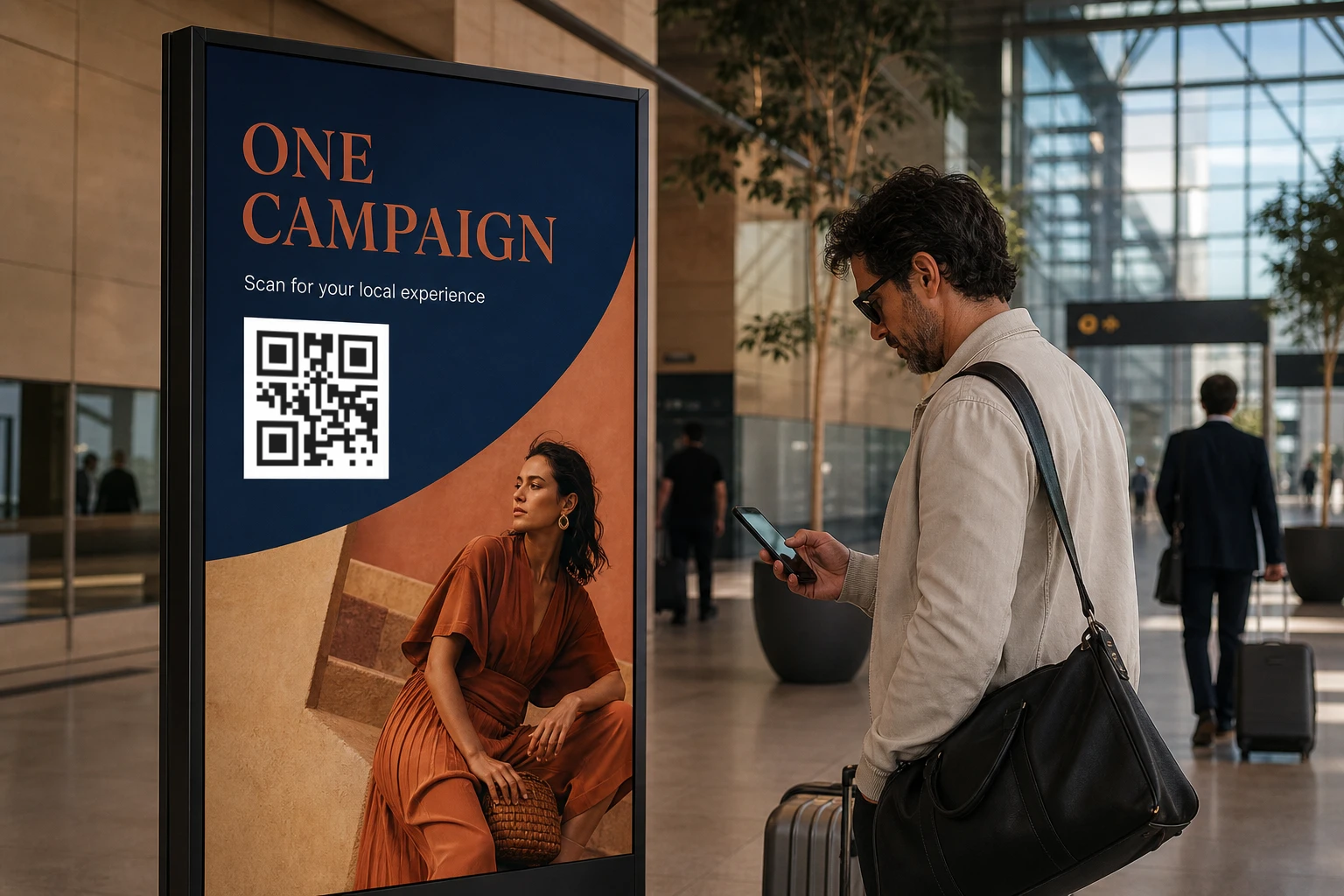 Traveler scanning one global campaign poster for a local experience