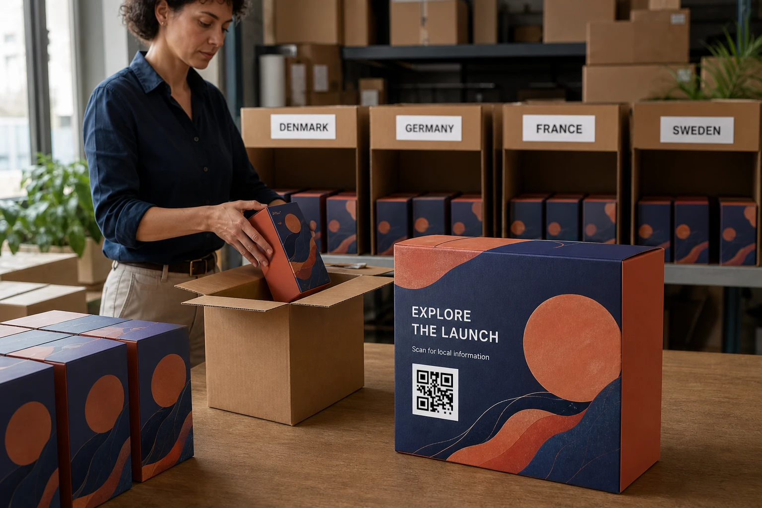 Connected product boxes with consistent QR artwork sorted for distribution across countries