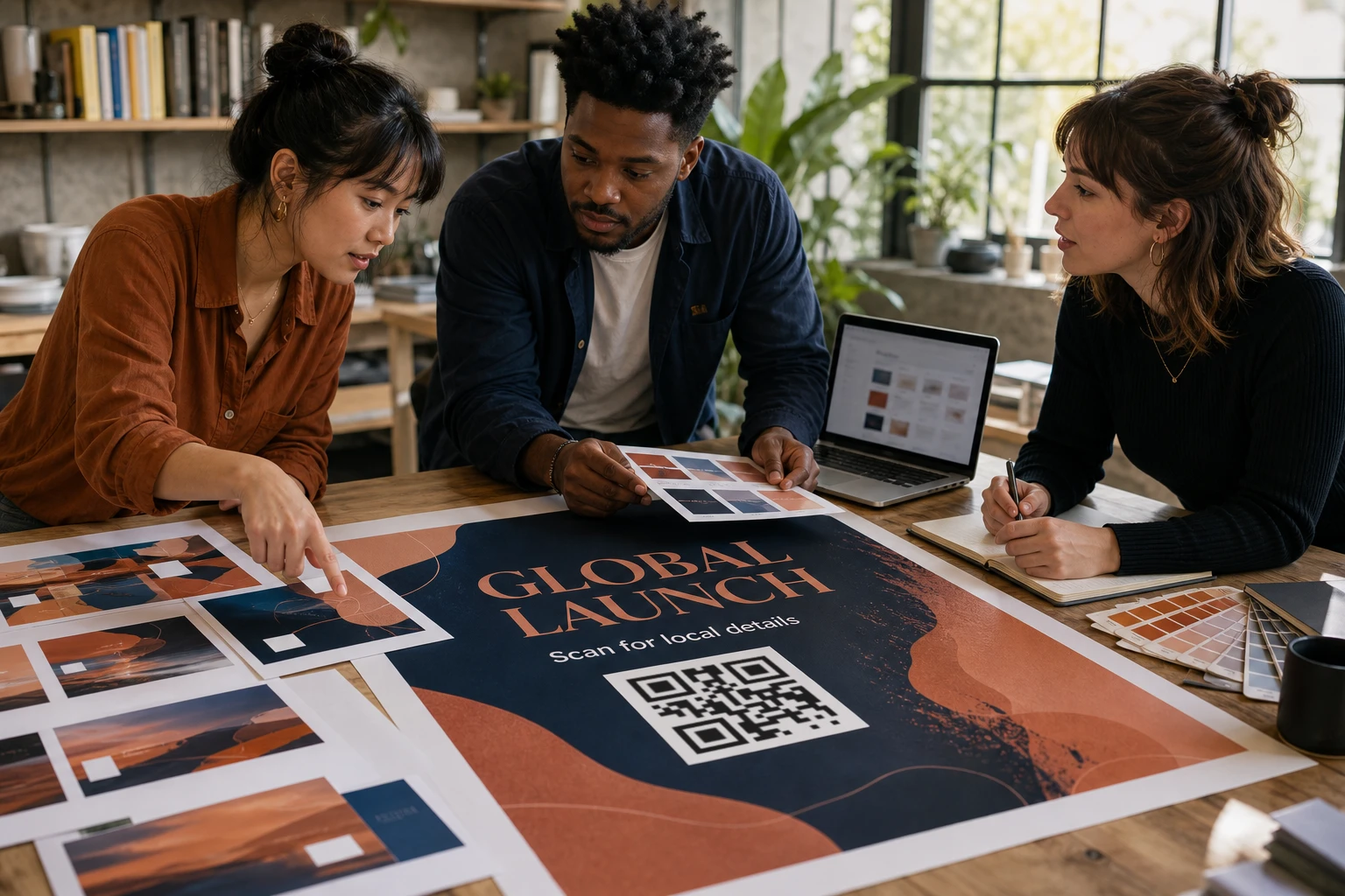 Marketing team collaborating on one global QR campaign rollout