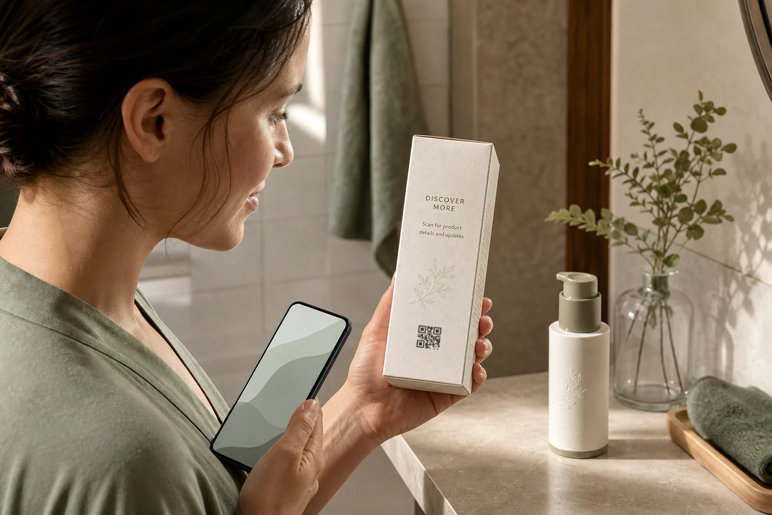 Customer scanning a QR code on a skincare product package