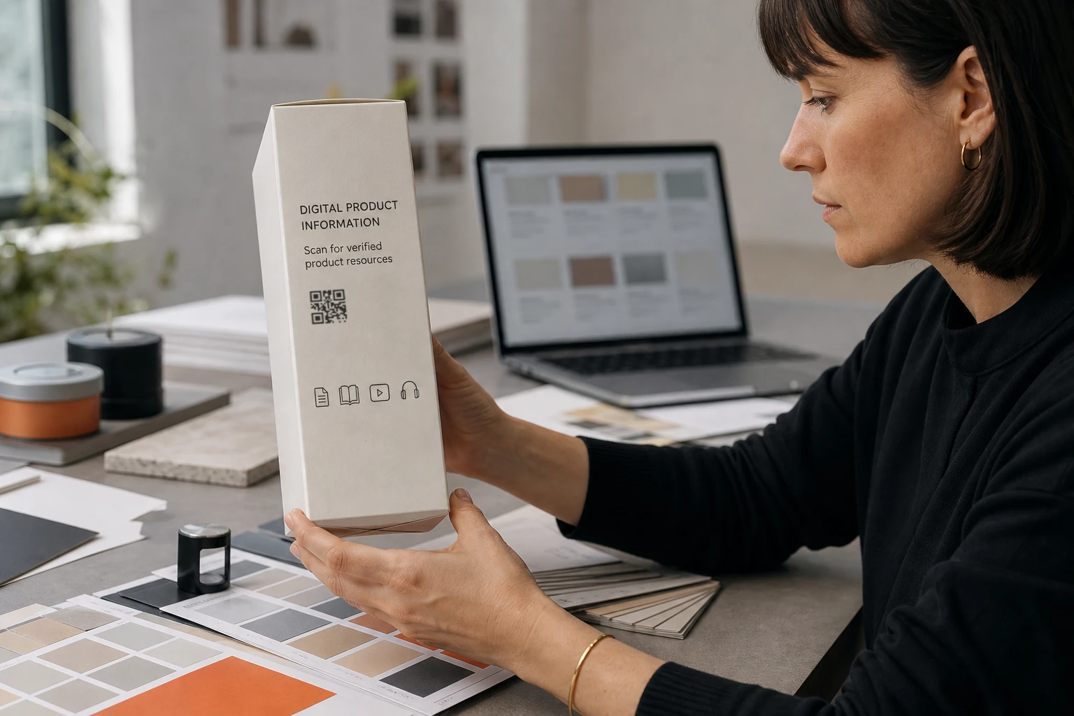 Packaging specialist reviewing a GS1 product information carton with a QR code
