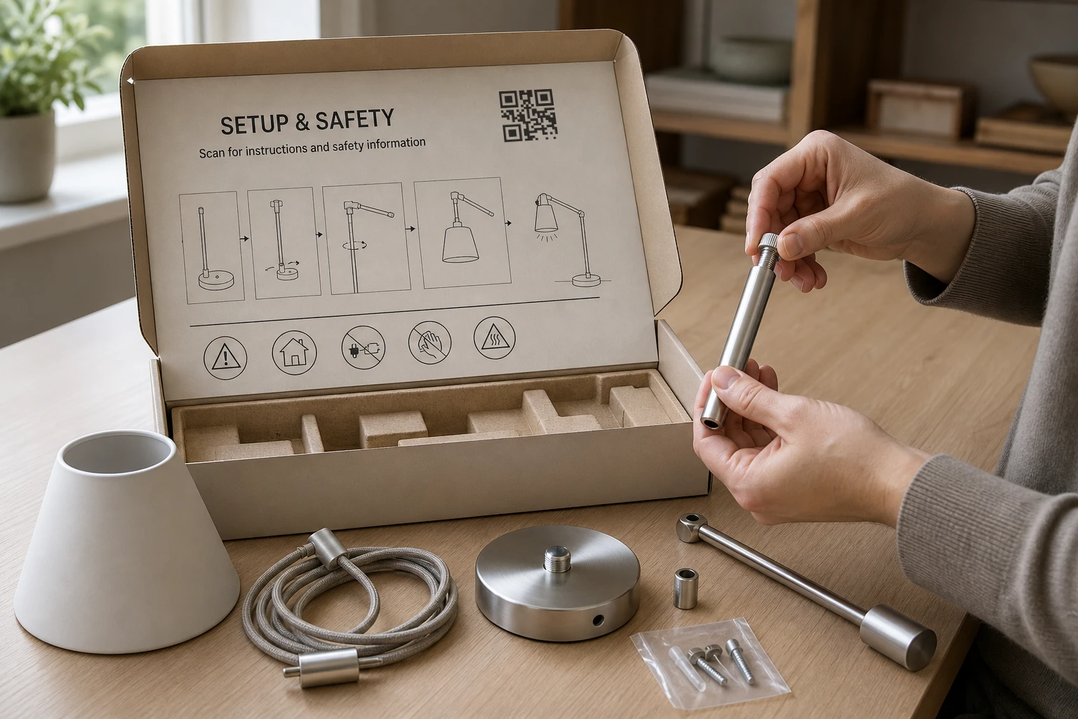 Open desk lamp package with setup instructions and a QR code