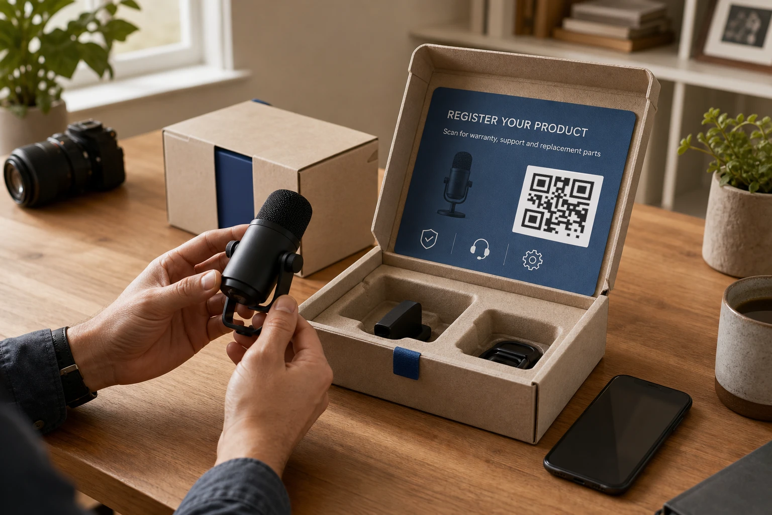 Microphone packaging with a QR code for product registration and support