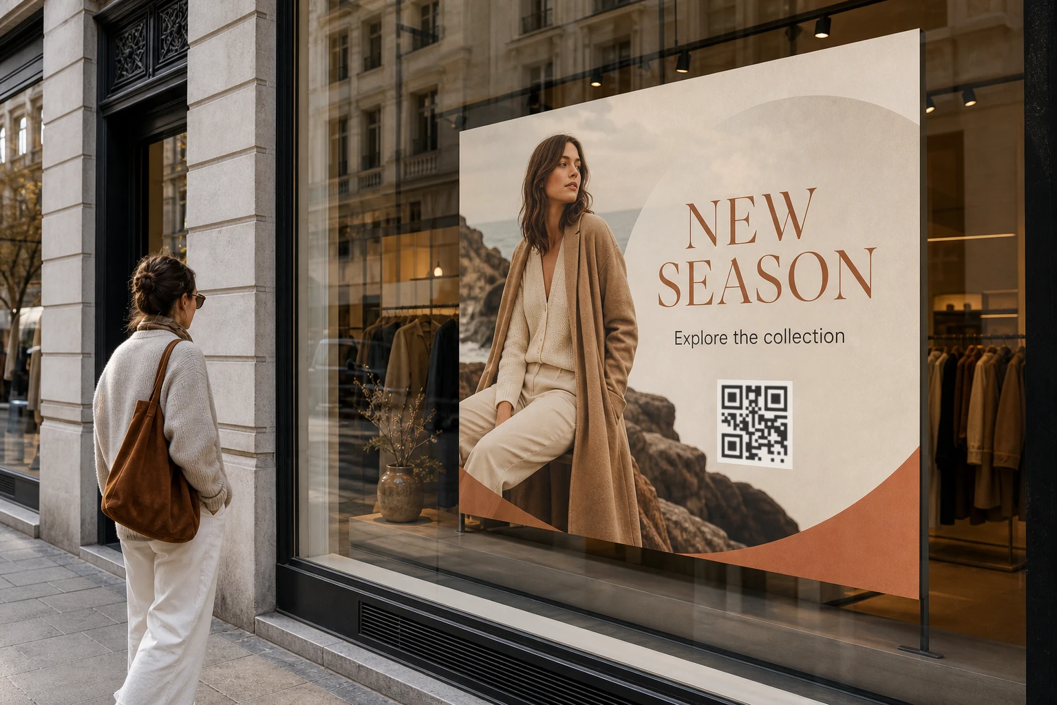 Storefront seasonal campaign poster with a QR code