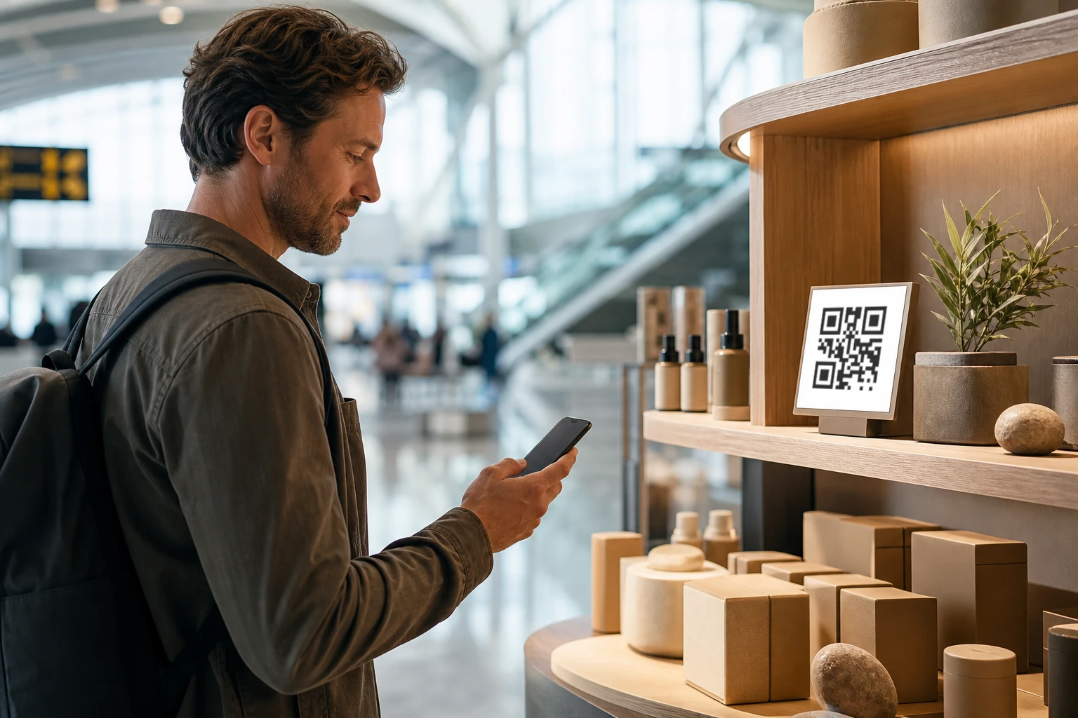 Traveler using a QR-enabled product display in an airport retail area