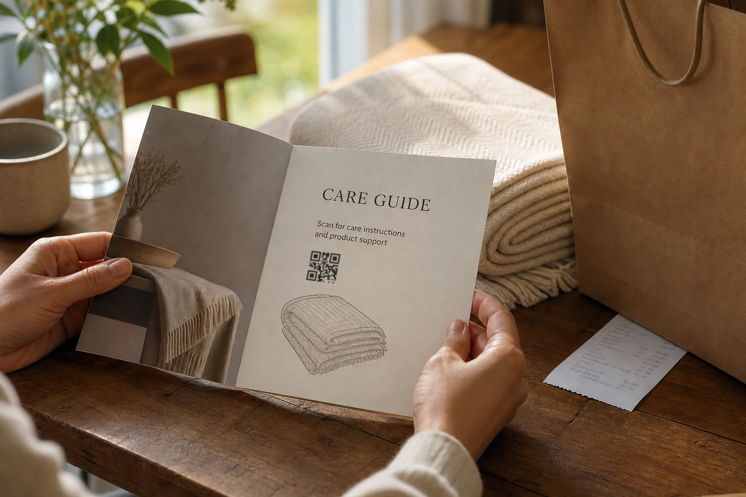 Customer reading a product care guide with a QR code after purchase