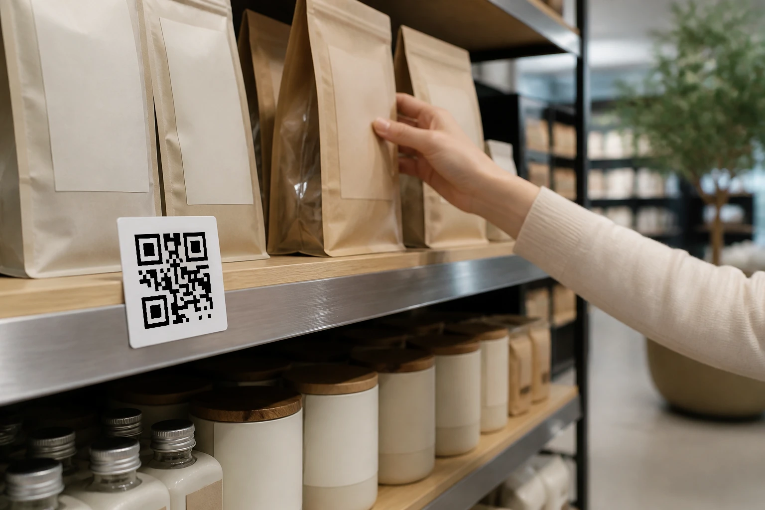 Retail shelf display with a shopper reaching for a product beside a QR code