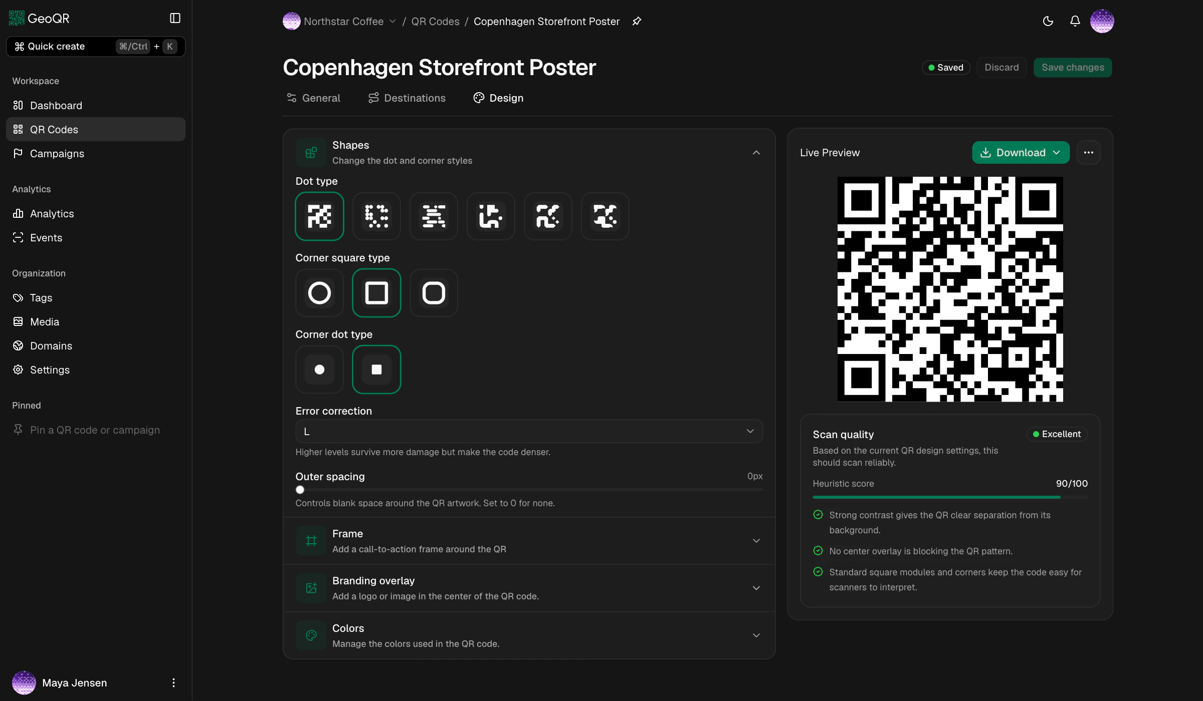 GeoQR standard QR code design controls with a live code preview