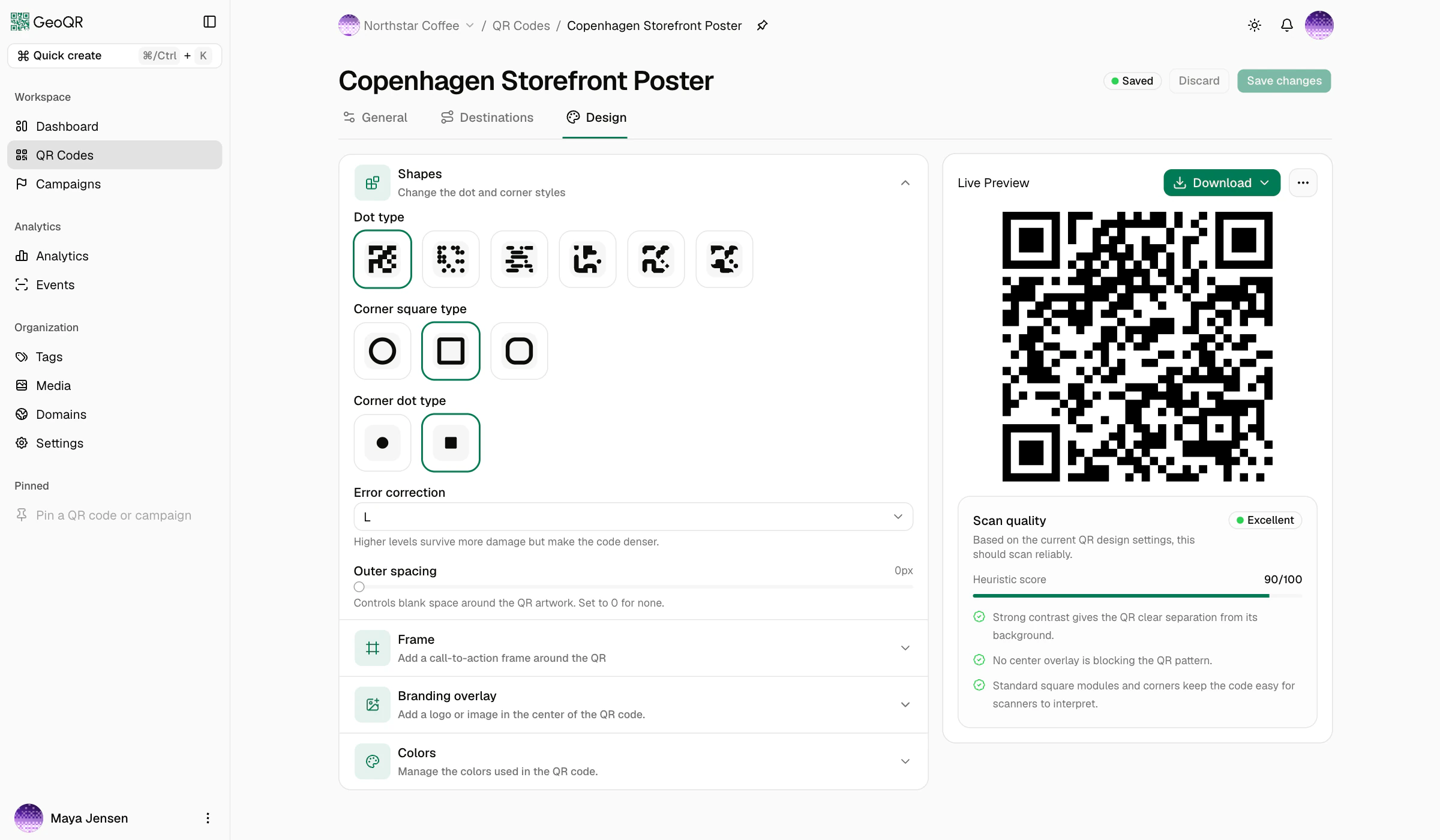 GeoQR standard QR code design controls with a live code preview